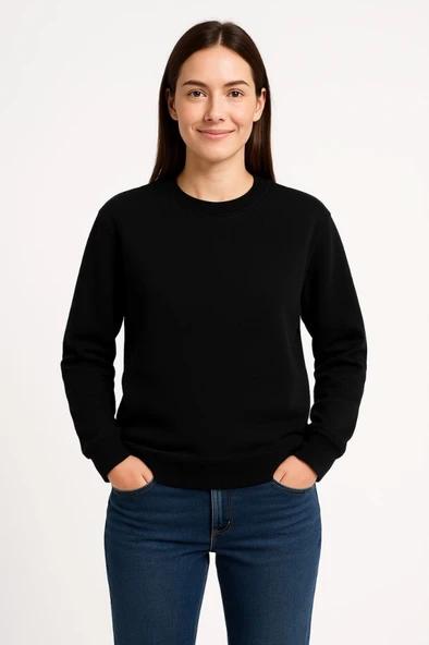 Üç İplik Düz Bisiklet Yaka SweatShirt  - Siyah - Resim 2