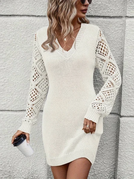 Kadın Uzun Kollu V Yakalı Mini Triko Elbise - Resim 2