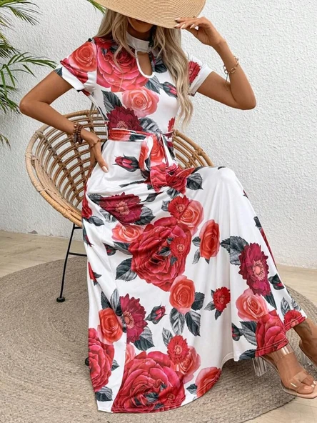 Kadın Kısa Kollu Pencere Detay Gül Baskılı Tam Boy Kiloş Elbise - Resim 7