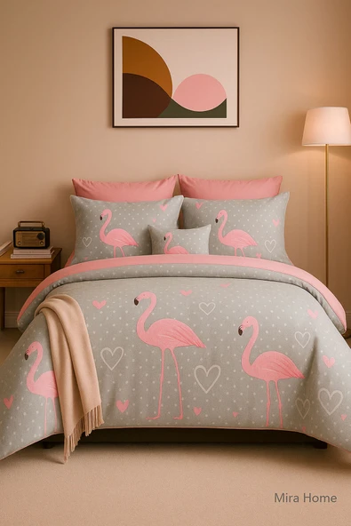 Çift Kişilik Pamuklu Nevresim Takımı Flamingo Love