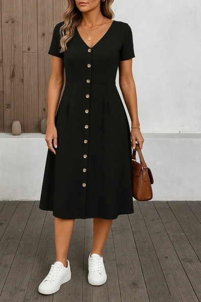 Kadın Kısa Kollu V Yakalı önden Düğmeli A Kesim Dokuma Elbise ürün görseli