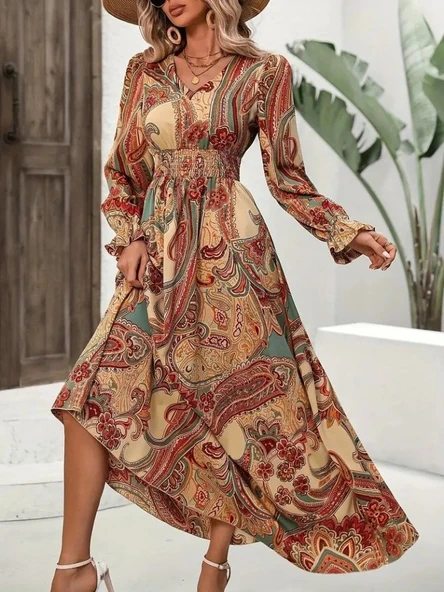 Kadın Uzun Kollu V Yakalı Beli Lastikli Desenli Süprem Elbise ürün görseli