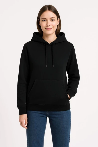 Üç İplik Kapüşonlu Kanguru Çepli SweatShirt Hoodie - Siyah ürün görseli