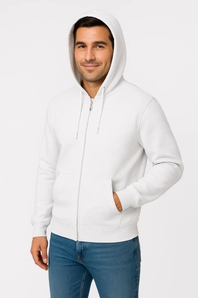 Erkek Üç İplik Kapüşonlu Tam Fermuarlı Kanguru Çepli SweatShirt Hoodie - Beyaz - Resim 3