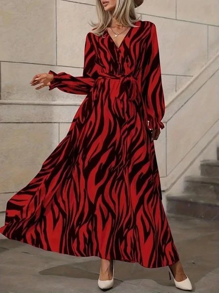 Kadın Uzun Kollu Kruvaze Yakalı Kuşaklı Zebra Desenli Süprem Maxi Elbise - Resim 3