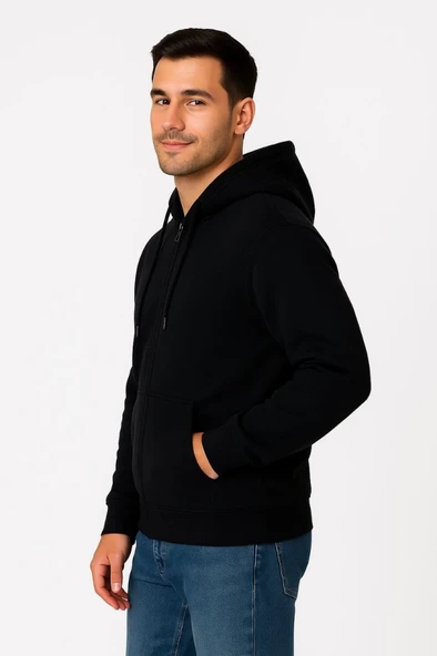 Erkek Üç İplik Kapüşonlu Tam Fermuarlı Kanguru Çepli SweatShirt Hoodie - Siyah - Resim 3