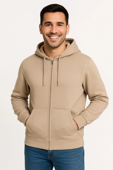 Erkek Üç İplik Kapüşonlu Tam Fermuarlı Kanguru Çepli SweatShirt Hoodie - Bej - Resim 4