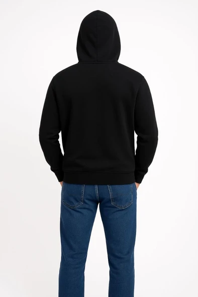 Erkek Üç İplik Kapüşonlu Kanguru Cepli SweatShirt Hoodie - Siyah - Resim 4