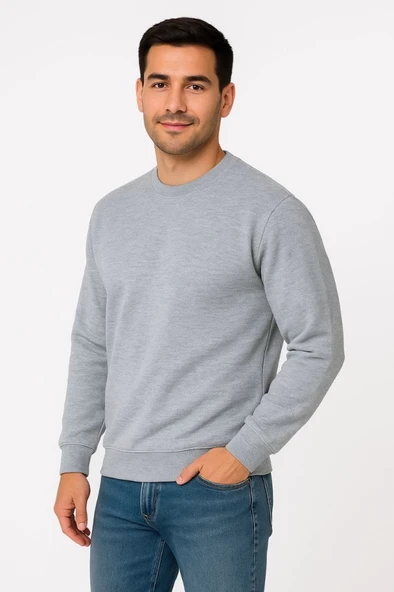 Erkek Üç İplik Düz Bisiklet Yaka SweatShirt - Gri - Resim 2