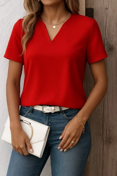 Kadın Kısa Kollu V Yakalı Ithal Krep Elbise ürün görseli