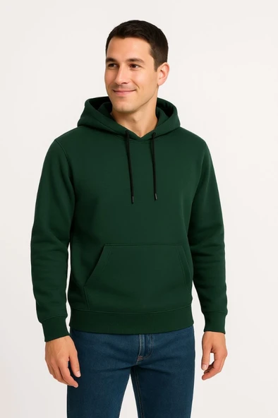 Erkek Üç İplik Kapüşonlu Kanguru Cepli SweatShirt Hoodie - Haki ürün görseli