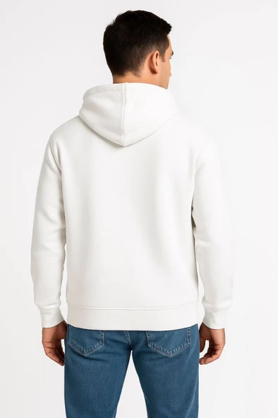Erkek Üç İplik Kapüşonlu Tam Fermuarlı Kanguru Çepli SweatShirt Hoodie - Beyaz - Resim 2