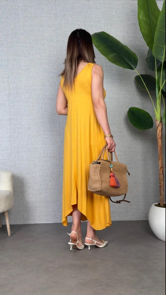 Kadın çan Dokuma Kumaş V Yaka Asimetrik Kesim Elbise - Resim 5