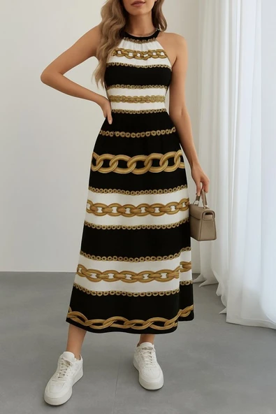 Kadın Kolsuz Boyundan Bağlamalı Beli Lastikli Dijital Baskı Süprem Uzun Elbise ürün görseli