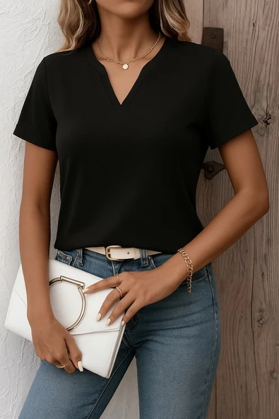 Kadın Kısa Kollu V Yakalı Ithal Krep Elbise ürün görseli