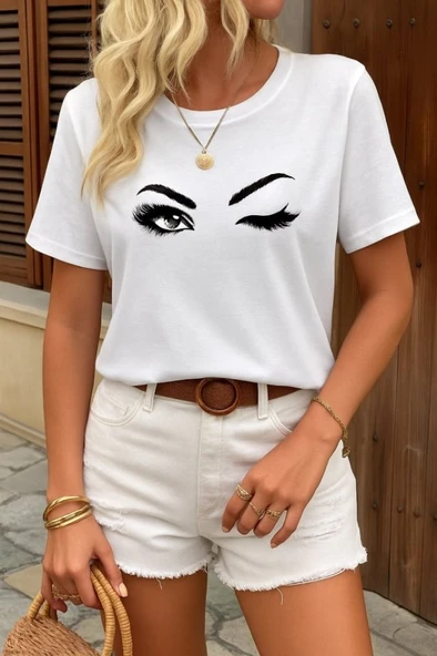 Kadın Kısa Kollu Bisiklet Yaka Göz Baskılı Süprem T-shirt ürün görseli
