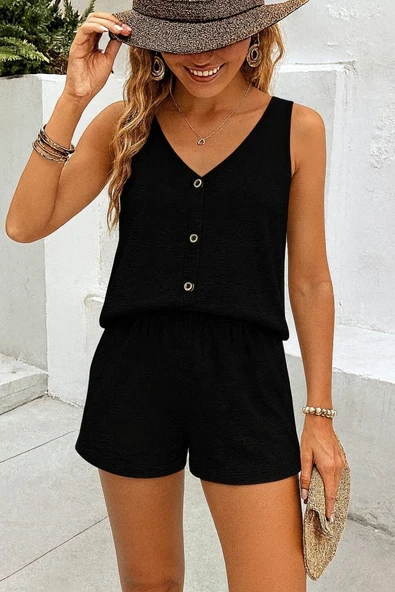 Kadın Askılı Kolsuz V Yakalı önden Düğmeli Bürümcük Bluz Ve Short Ikili Takım ürün görseli