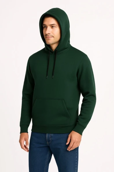 Erkek Üç İplik Kapüşonlu Kanguru Cepli SweatShirt Hoodie - Haki - Resim 3