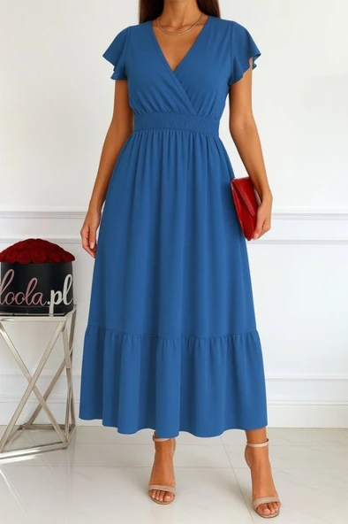 Kadın Kısa Kelebek Kollu Kruvaze Yakalı Beli Lastikli Aerobin Elbise ürün görseli