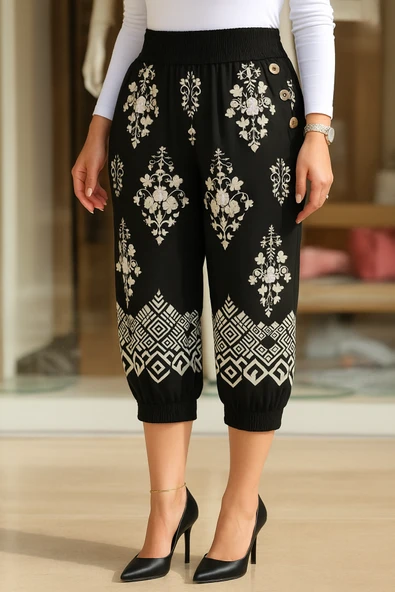 Kadın Beli Lastikli Etnik Desenli Kapri Süprem Pantolon ürün görseli