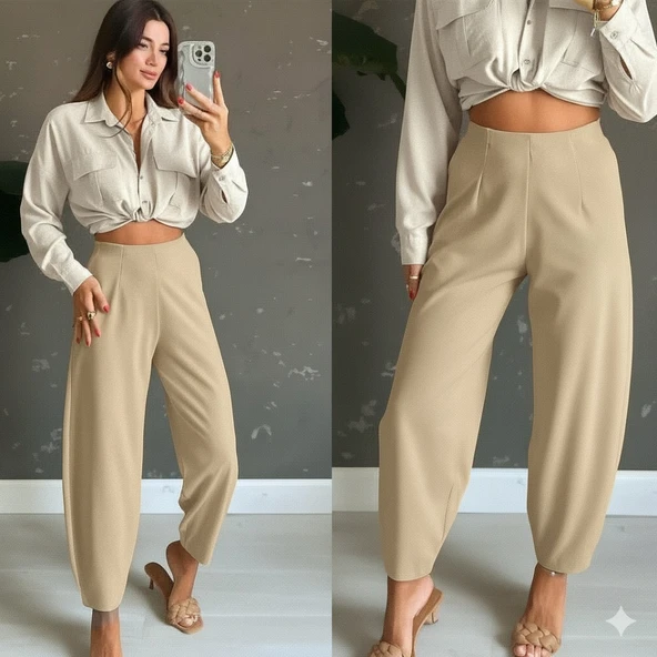 Kadın Yüksek Bel Krep Pantolon - Resim 5