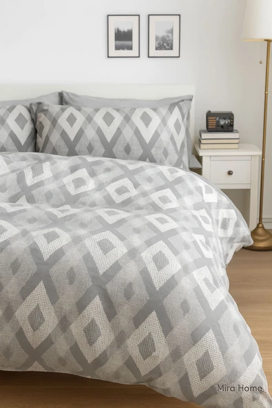 Mira Home İç İçe Baklava Desen Gri Pamuklu  Nevresim Takımı - 2