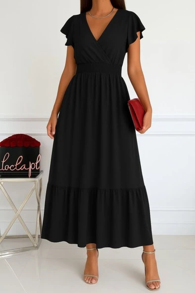 Kadın Kısa Kelebek Kollu Kruvaze Yakalı Beli Lastikli Aerobin Elbise ürün görseli