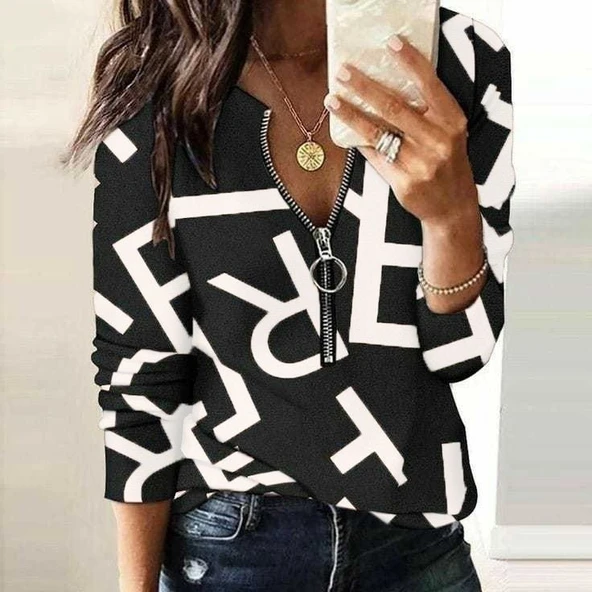 Kadın Uzun Kollu önden Fermuarlı Harf Baskılı şardonlu Dalgıç Bluz ürün görseli