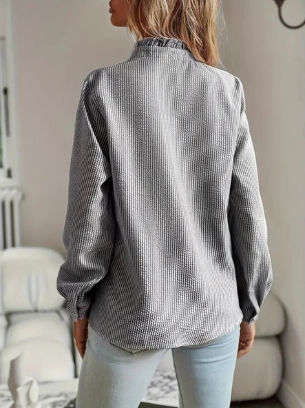 Kadın Uzun Kollu Fırfır Yakalı önden Düğmeli çizgili Burgu Gömlek - Resim 6