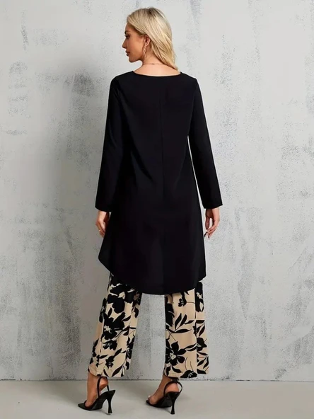 Kadın Uzun Kollu Bisiklet Yaka Asimetrik Kesim Detaylı Viskon Bluz Ve çiçek Desenli Iki Iplik Pantolon - Resim 5