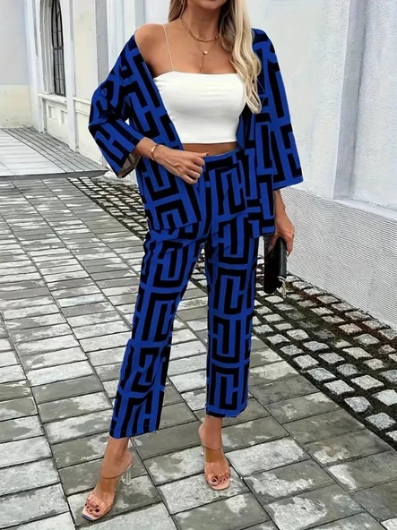 Kadın Uzun Kollu önü Açık Desenli Iki Iplik Ceket Ve Pantolon Ikili Takım ürün görseli