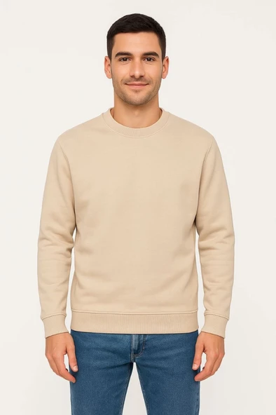 Erkek Üç İplik Düz Bisiklet Yaka SweatShirt - Bej - Resim 4