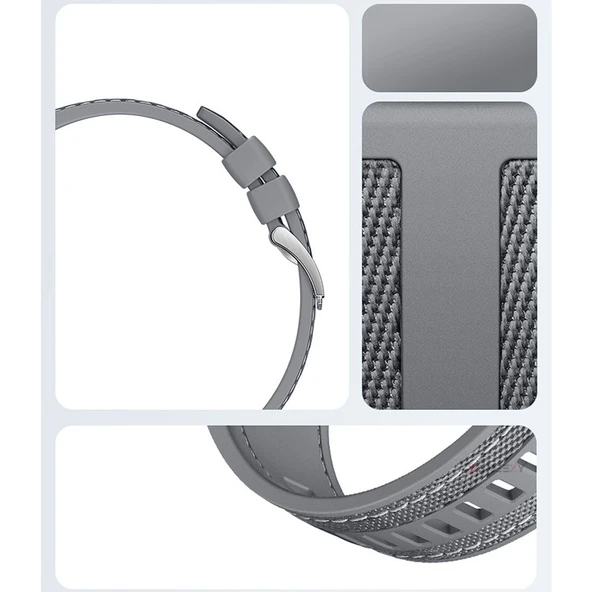 Sneezy Huawei Watch GT5 Pro 46mm ile Uyumlu Metal Tokalı Dikiş Detaylı Şık Dokuma Silikon Kordon  Gri - Resim 5