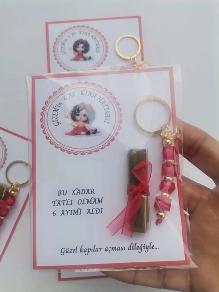 32 Adet Kişiye Özel 6 Ay Kına Hatırası Kırmızı Anahtarlık ve Paketlenmiş Kına Dağıtmalık Hediyelik - Resim 6