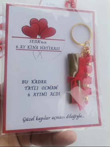 100 Adet Kişiye Özel 6 Ay Kına Hatırası Kırmızı Anahtarlık ve Paketlenmiş Kına Dağıtmalık Hediyelik - Resim 4
