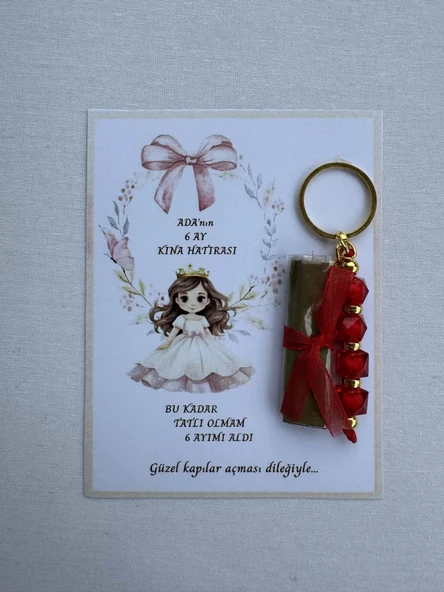 64 Adet Kişiye Özel 6 Ay Kına Hatırası Kırmızı Anahtarlık ve Paketlenmiş Kına Dağıtmalık Hediyelik - Resim 2