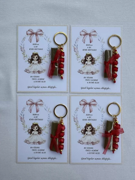 32 Adet Kişiye Özel 6 Ay Kına Hatırası Kırmızı Anahtarlık ve Paketlenmiş Kına Dağıtmalık Hediyelik - Resim 4