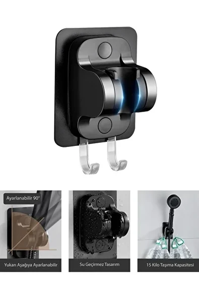 Mucit Home Siyah Nano Kendinden Yapışkanlı Banyo Duş Başlığı Askısı 15 kg Taşıma Kapasiteli Mafsal Tutacak - 1