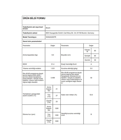 Bosch WAN24200TR 1200 Devir 9 KG Çamaşır Makinesi - 7