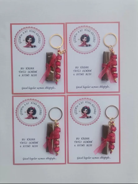 100 Adet Kişiye Özel 6 Ay Kına Hatırası Kırmızı Anahtarlık ve Paketlenmiş Kına Dağıtmalık Hediyelik - Resim 4
