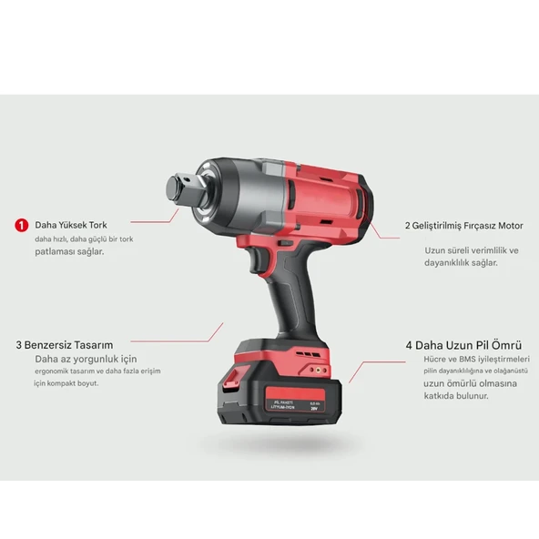 Şarjlı Çift Akülü Darbeli Somun Sıkma 1/2 Sökme Tabanca 1180 Nm Tork Teker Bijon Söküm 18 Volt - Resim 5