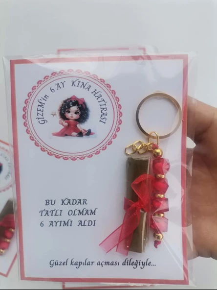 32 Adet Kişiye Özel 6 Ay Kına Hatırası Kırmızı Anahtarlık ve Paketlenmiş Kına Dağıtmalık Hediyelik - Resim 5
