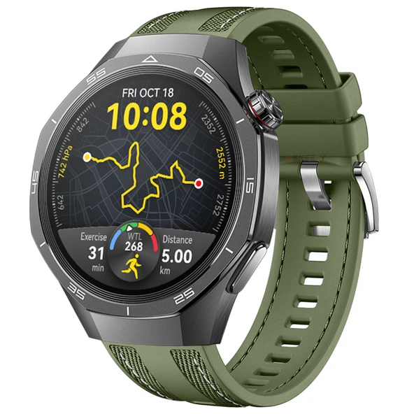 Sneezy Huawei Watch GT5 Pro 46mm ile Uyumlu Metal Tokalı Dikiş Detaylı Şık Dokuma Silikon Kordon  Haki ürün görseli