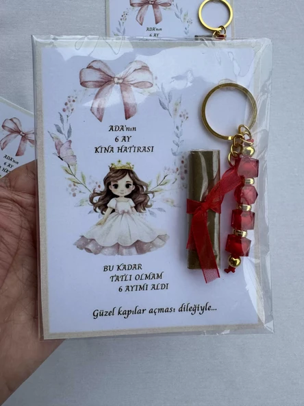 64 Adet Kişiye Özel 6 Ay Kına Hatırası Kırmızı Anahtarlık ve Paketlenmiş Kına Dağıtmalık Hediyelik - Resim 5