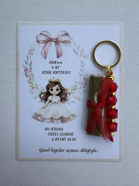 32 Adet Kişiye Özel 6 Ay Kına Hatırası Kırmızı Anahtarlık ve Paketlenmiş Kına Dağıtmalık Hediyelik ürün görseli