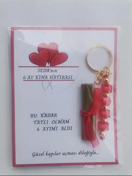 100 Adet Kişiye Özel 6 Ay Kına Hatırası Kırmızı Anahtarlık ve Paketlenmiş Kına Dağıtmalık Hediyelik - Resim 3