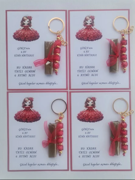 100 Adet Kişiye Özel 6 Ay Kına Hatırası Kırmızı Anahtarlık ve Paketlenmiş Kına Dağıtmalık Hediyelik - Resim 3