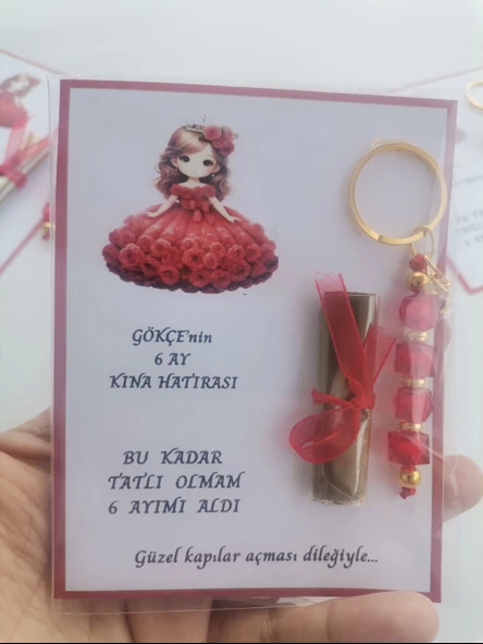 32 Adet Kişiye Özel 6 Ay Kına Hatırası Kırmızı Anahtarlık ve Paketlenmiş Kına Dağıtmalık Hediyelik - Resim 5