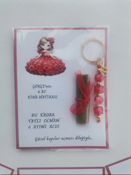 100 Adet Kişiye Özel 6 Ay Kına Hatırası Kırmızı Anahtarlık ve Paketlenmiş Kına Dağıtmalık Hediyelik - Resim 6