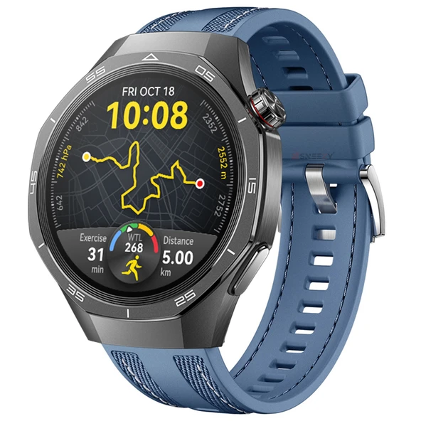 Sneezy Huawei Watch GT5 Pro 46mm ile Uyumlu Metal Tokalı Dikiş Detaylı Şık Dokuma Silikon Kordon  Mavi ürün görseli